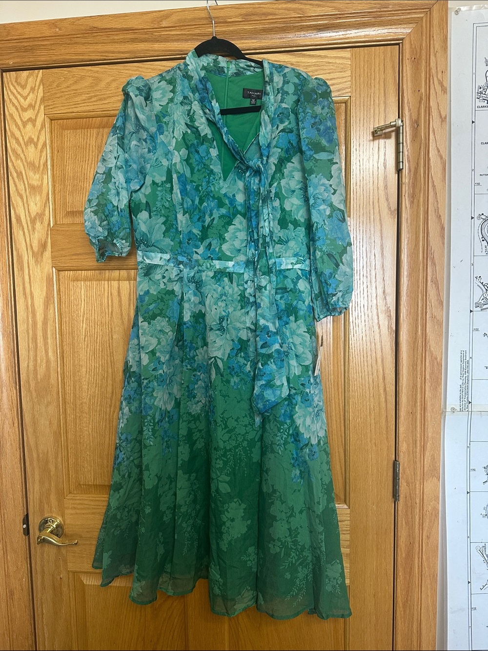 Tahari Green and Blue Floral Tie-Neck Midi Dress